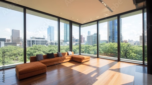 Creating a modern urban oasis terracotta sofa set and engineered wood flooring with floor-to-ceiling windows in a city apartment