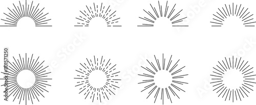 Vintage sunburst set. Bursting rays sunrise firework starburst blast, Radiant Spark. Rays. Geometric Design Elements. Retro radiant sunburst, starburst hand drawn label, sun rays.