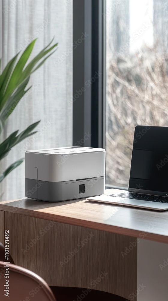 Home Office Setup with Modern Laptop and Compact Printer on Wooden Desk by Window Home Office Setup with Modern Laptop and Compact Printer on Wooden Desk by Window