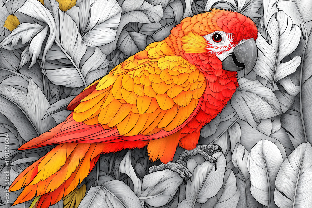 Obraz premium illustration, perroquet, animaux de la jungle, dessin enfants, mignon, tout-petits, adorable, joli, fun, coloré