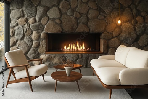 Cozy living room with stone fireplace. Mid-century modern style furniture includes sofa, armchair in white fabric. Wooden coffee tables next to seating area. Fireplace burning with warm glow, organic photo