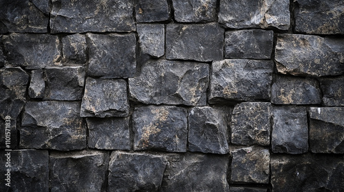 Dark textured stone wall featuring irregular shapes and varied sizes of blocks