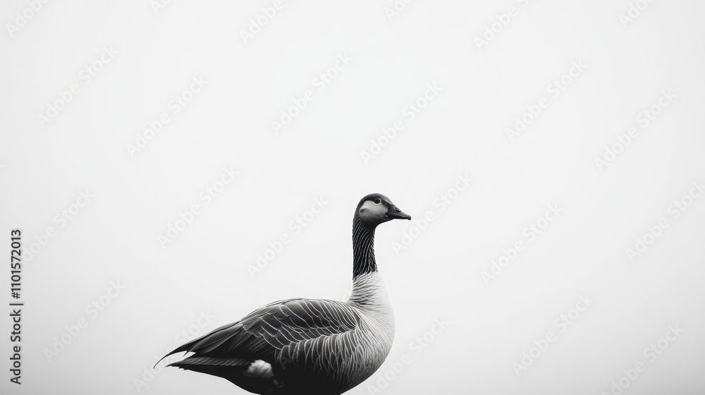 Obraz premium A solitary grey goose standing gracefully against a soft, minimalistic white backdrop, showcasing its elegant form and subtle details.