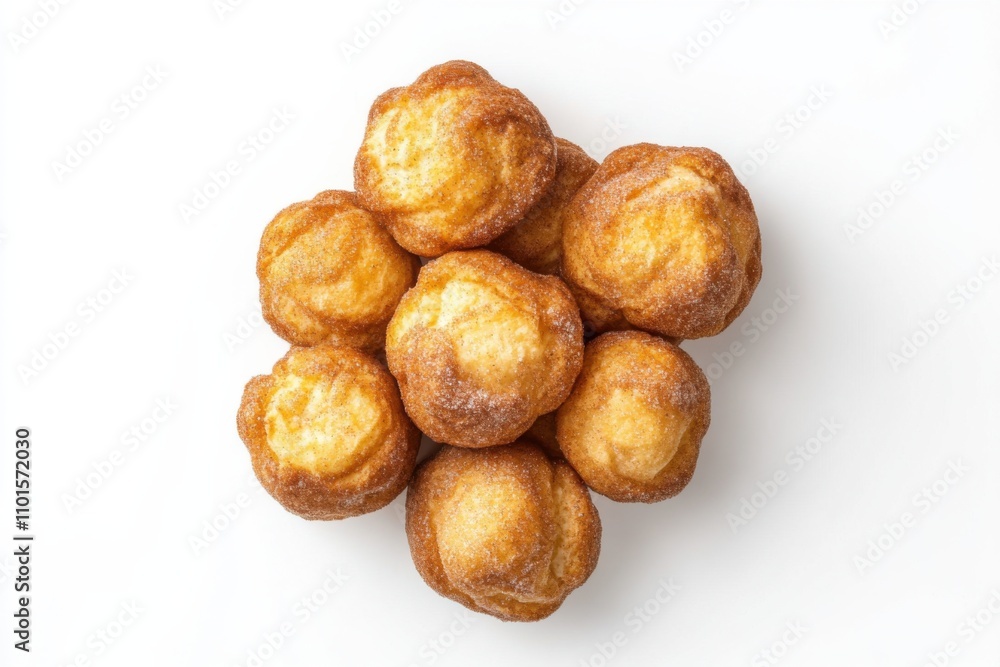Nun's puffs with cinnamon sugar and popover shape on white background Nun's puffs with cinnamon sugar and popover shape on white background