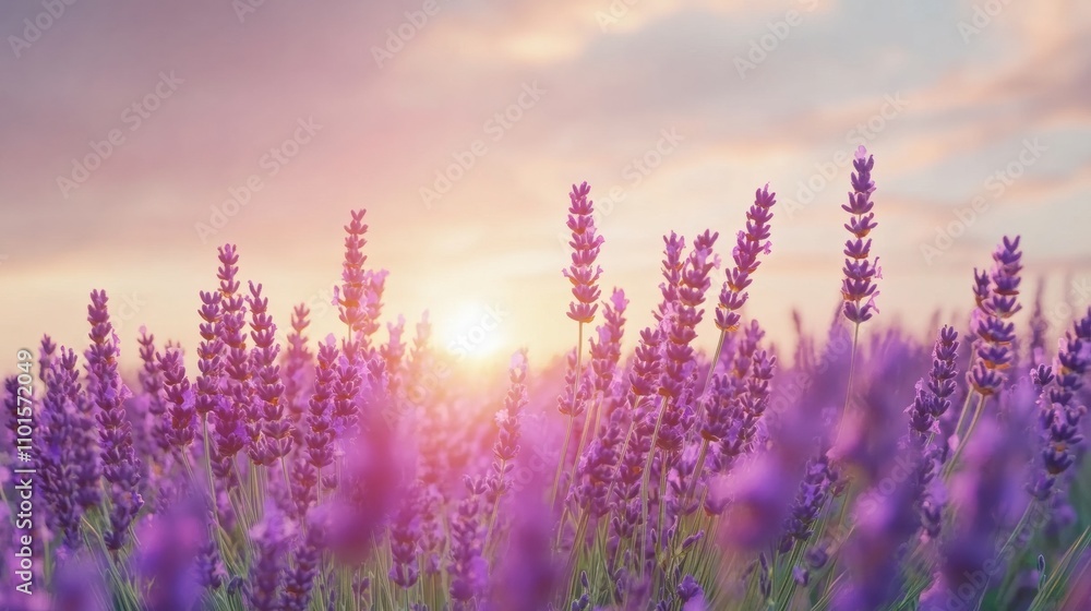 A dreamy lavender field stretching into the distance, with purple blooms swaying gently under a pastel sunset sky A dreamy lavender field stretching into the distance, with purple blooms swaying gently under a pastel sunset sky