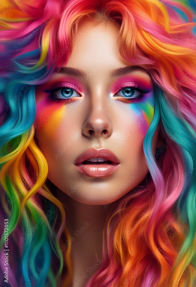 A stunning portrait of a woman with rainbow colored hair and vibrant makeup A stunning portrait of a woman with rainbow colored hair and vibrant makeup
