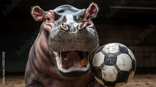 Hippopotamus with Soccer Ball: A Candid Zoo Portrait AI Generated photo