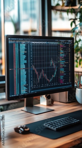 Wallpaper Mural Financial Trading Screen Displayed in a Modern Office with Desks and Plants Torontodigital.ca