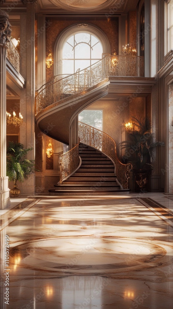 Fototapeta premium Grand Staircase in Elegant Mansion with Luxurious Architecture and Warm Sunlit Ambience