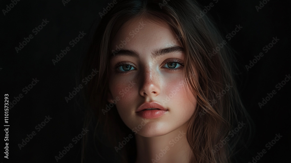 Fototapeta premium Model poses with natural makeup and soft lighting for an artistic portrait in a dark setting