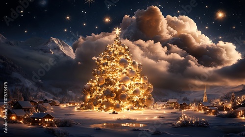 Glowing Christmas Tree in a Magical Winter Village - Digital Art AI Generated photo