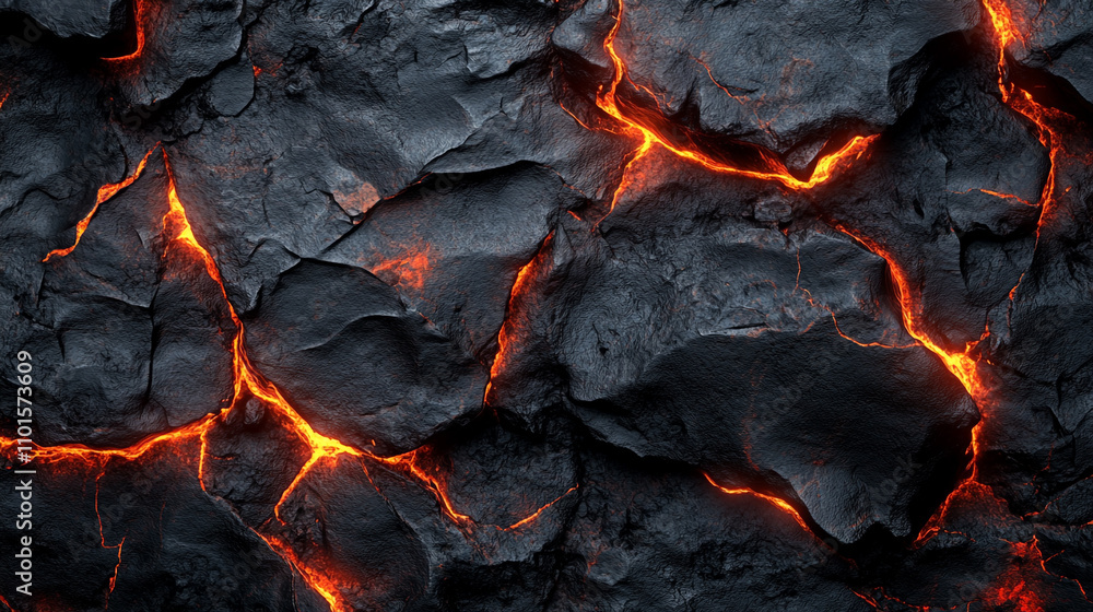 Volcanic rock surface with glowing lava cracks illuminated in darkness Volcanic rock surface with glowing lava cracks illuminated in darkness