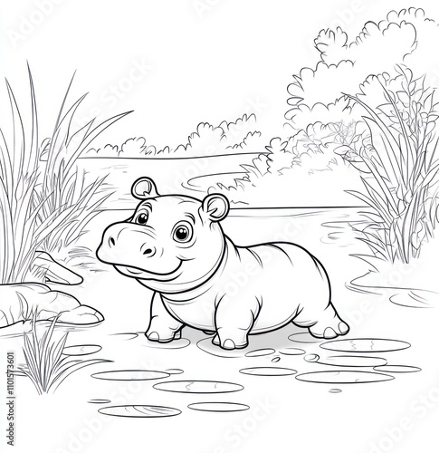 Adorable baby hippopotamus standing in shallow water near tall grass, in a simple line drawing style, suitable for coloring pages. photo