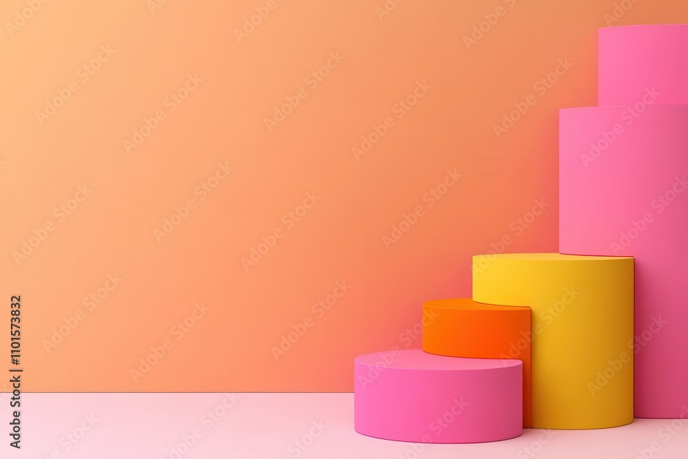 Brightly colored cylindrical shapes arranged in a staircase pattern against a soft orange background. Brightly colored cylindrical shapes arranged in a staircase pattern against a soft orange background.