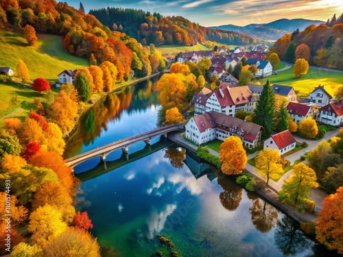 Autumn Serenity: Architectural Beauty Along the Saalach River in Piding Showcasing Vibrant Fall Foliage and Scenic Landscapes with Reflections on Water photo