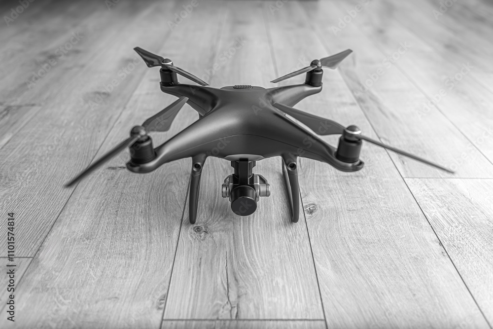 Dark drone on wooden background. Monochrome shot.