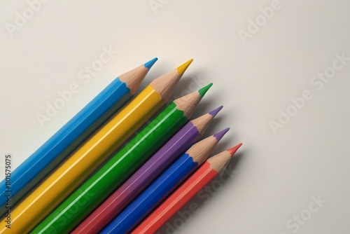 several colored pencils are lined up on a white surface