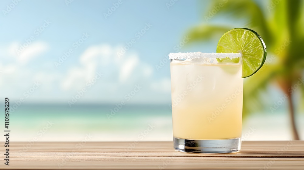 Refreshing margarita with a salted rim and lime wedge on a beach-themed bar setting, surrounded by seashells