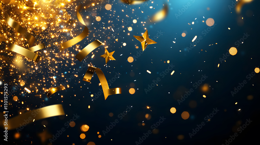 Obraz premium A vibrant display of golden confetti, stars, and sparkles against a dark background, creating a festive and celebratory atmosphere
