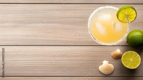 Refreshing margarita with a salted rim and lime wedge on a beach-themed bar setting, surrounded by seashells