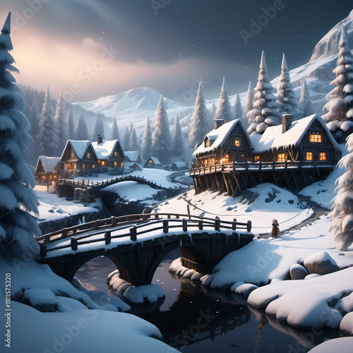 Small settlement, snow, bridge and ice, Christmas trees, dramatic fantasy settlement scene, cinematic lighting photo