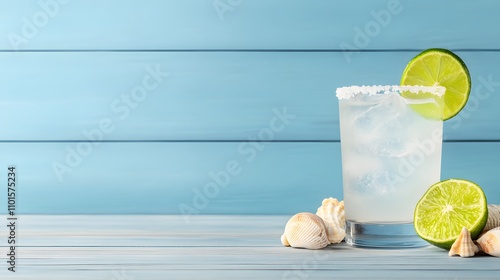 Refreshing margarita with a salted rim and lime wedge on a beach-themed bar setting, surrounded by seashells photo