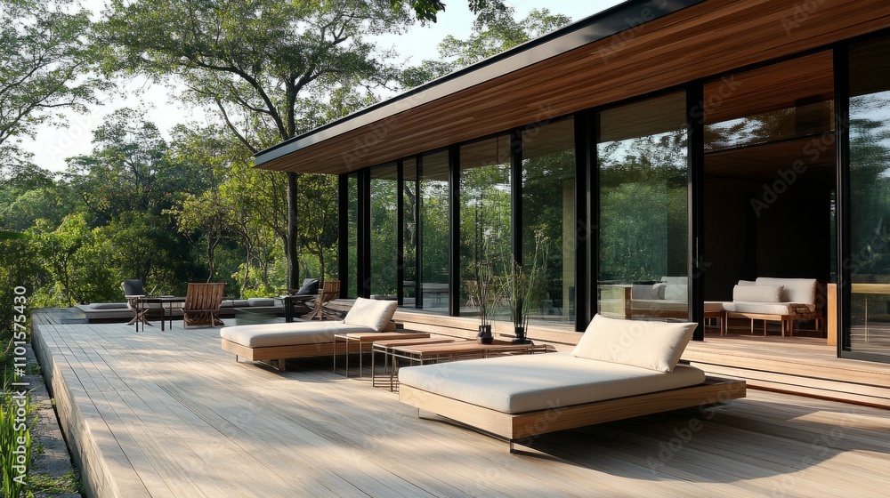 A serene wooden terrace with sleek lounge furniture and expansive glass windows, blending luxury and modernity