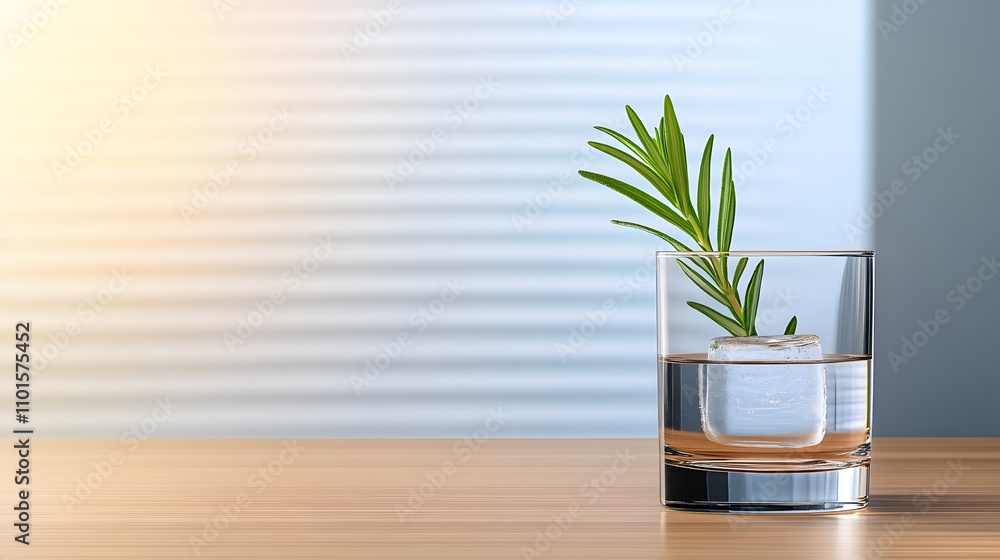 Classic gin-based cocktail with clear ice cubes and a sprig of rosemary on a sleek modern bar counter Classic gin-based cocktail with clear ice cubes and a sprig of rosemary on a sleek modern bar counter