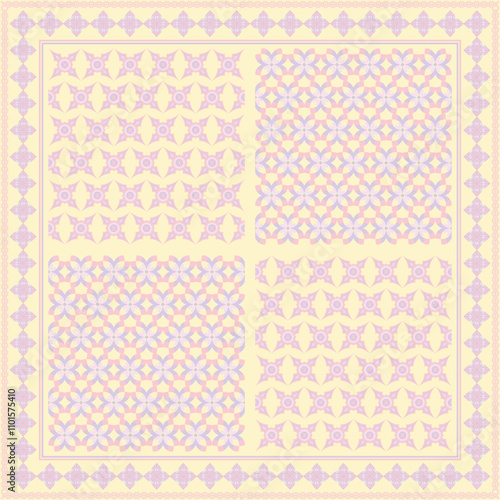 Hijab scarf flower abstract pattern.Ethnic geometric ornament with frame motif border hijab pattern.Design for fabric,print,scarves,shawl,kerchief,bandana,clothing,pareo,pillows,tablecloth,decoration.