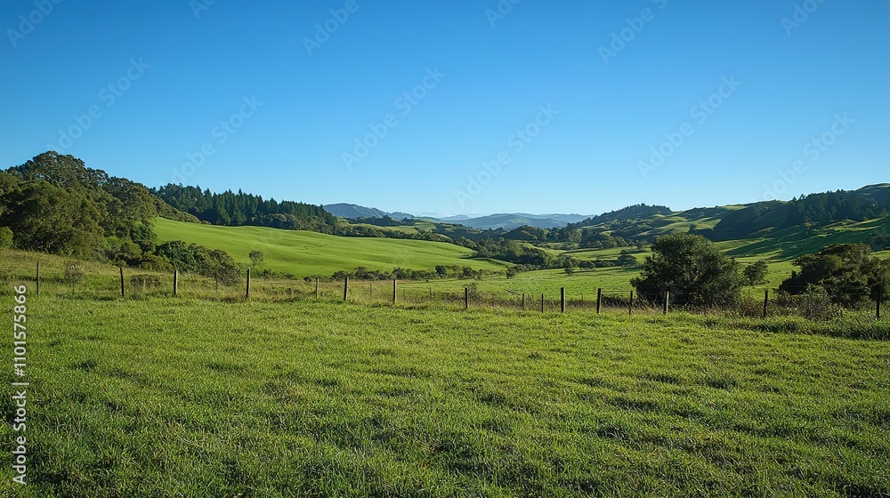 Obraz premium Serene Green Valley Landscape: A picturesque view of a lush green valley under a clear blue sky, rolling hills in the distance, and a rustic fence adding a touch of charm.
