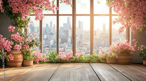 Wooden table decorated with vibrant pink flowers, framed by a large window showcasing a bright cityscape in the background.