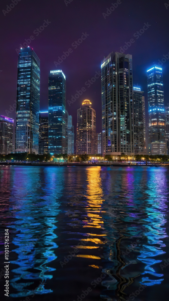 Fototapeta premium Vibrant Night Cityscape with Illuminated Buildings