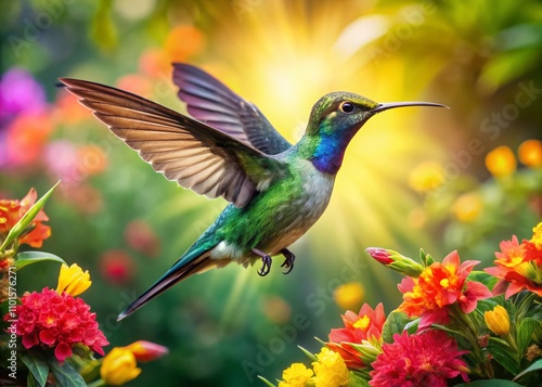 A Vibrant Hummingbird Dances Among Colorful Tropical Flowers in a Lush Garden, Capturing Nature's Beauty and Diversity in a Stunning Panoramic Scene