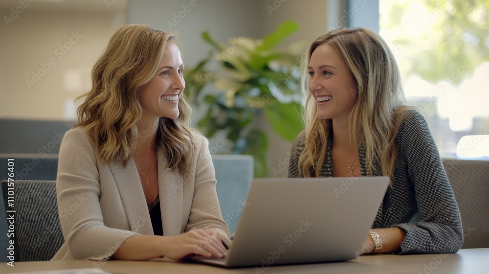 Happy professional women collaborating with enthusiasm in a modern office setting. Two female entrepreneurs using a laptop for a productive business meeting in a corporate workplace. Happy professional women collaborating with enthusiasm in a modern office setting. Two female entrepreneurs using a laptop for a productive business meeting in a corporate workplace.