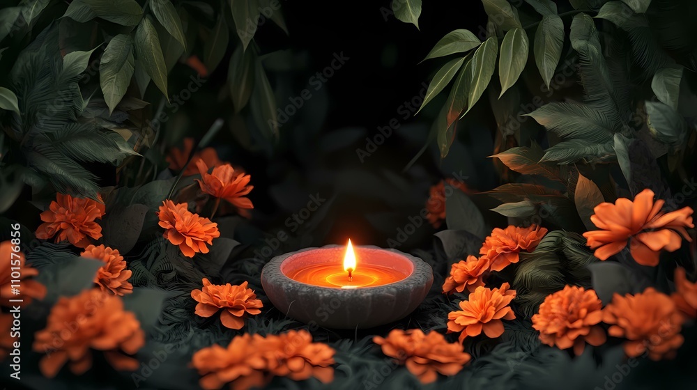 A flickering candle sits amidst a ring of bright orange flowers and lush green foliage. A flickering candle sits amidst a ring of bright orange flowers and lush green foliage.