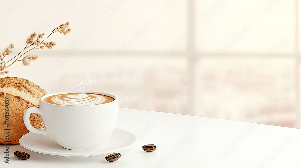 Fresh Coffee and Bakery Treat on White Table with Soft Background Fresh Coffee and Bakery Treat on White Table with Soft Background