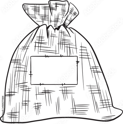 Canvas Bag Tied With Blank Label Graphic Black And White Illustration For Print And Web Design Of Physical Products And Projects
