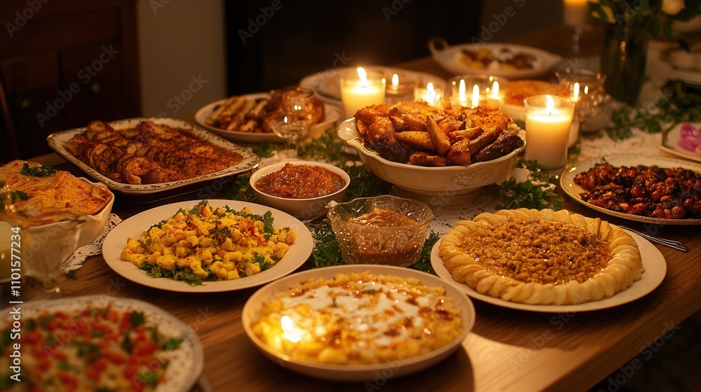 A 4K image of a festive table full of vibrant, delicious food, complemented by lit candles that enhance the ambiance, A 4K image of a festive table full of vibrant, delicious food, complemented by lit candles that enhance the ambiance,