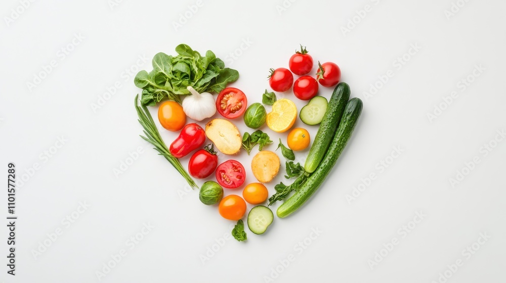 Fresh vegetables arranged in a heart shape, symbolizing love for healthy eating and nutrition.