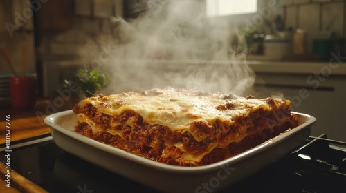 Steaming lasagne displaying savory layers of Bolognese meat sauce and creamy bÃ©chamel, served in a rustic kitchen setting. photo