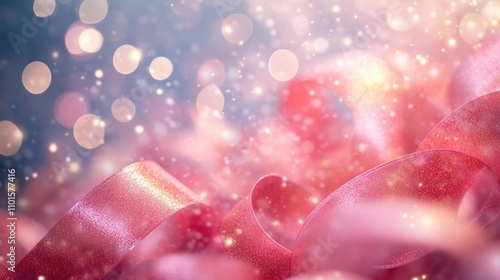 A vibrant display of pink ribbons surrounded by sparkling bokeh lights, creating a joyful and enchanting atmosphere full of whimsy. photo