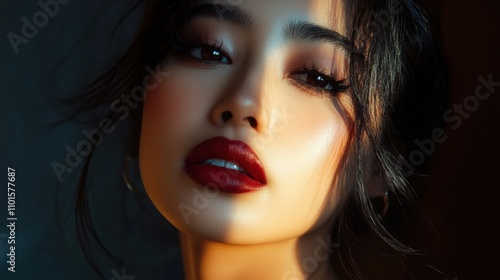 Wallpaper Mural A glamourous shot of a mixed-heritage Asian woman in evening makeup, her bold lips and smokey eyes giving her a sophisticated and confident look, illuminated by soft lighting Torontodigital.ca