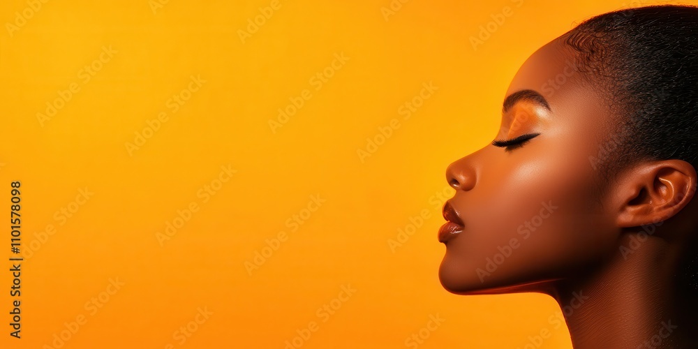 A profile of a woman against a vibrant orange background, showcasing her glowing skin and striking eye makeup with a serene expression. A profile of a woman against a vibrant orange background, showcasing her glowing skin and striking eye makeup with a serene expression.