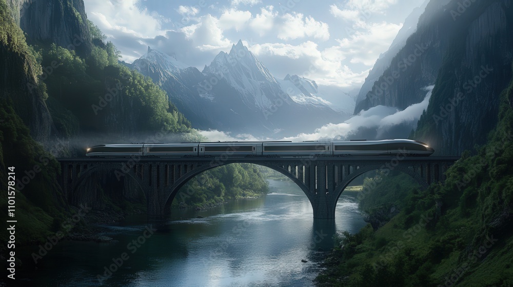Fototapeta premium A 4K image of a sleek train crossing a bridge over a river, the surrounding mountains rising sharply on all sides,