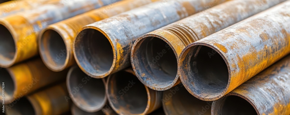 Pipes stacked in an industrial yard, close-up view showing texture and weathered surfaces, industrial pipes, construction materials, Close-up of Stacked Pipes Pipes stacked in an industrial yard, close-up view showing texture and weathered surfaces, industrial pipes, construction materials, Close-up of Stacked Pipes