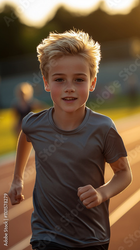 8-year-old boy with short blonde hair in sportswear running on a track at a stadium photo