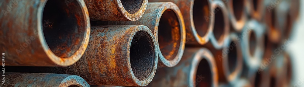 Rusty, aged pipes stacked in neat rows, detailed textures in a tight close-up, weathered pipes, industrial design, Close-up of Stacked Pipes Rusty, aged pipes stacked in neat rows, detailed textures in a tight close-up, weathered pipes, industrial design, Close-up of Stacked Pipes