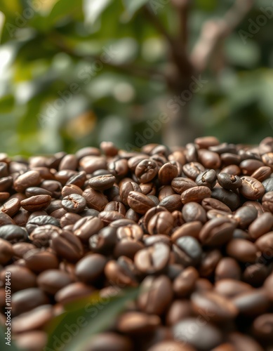 Freshly roasted coffee beans scattered on a wooden surface with green foliage in the background during daylight photo