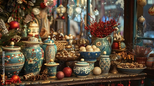 A beautiful arrangement of handmade crafts and decorations for a festive market stall photo