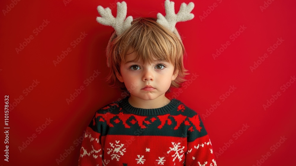 Child in a festive Christmas sweater with antlers, posing against a vibrant red backdrop, capturing a moment of holiday spirit and emotion. Child in a festive Christmas sweater with antlers, posing against a vibrant red backdrop, capturing a moment of holiday spirit and emotion.